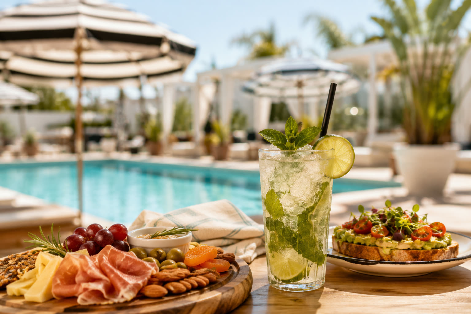A charcuterie board, a fresh mojito and avocado toast by the pool at the Abundance Bar and Café